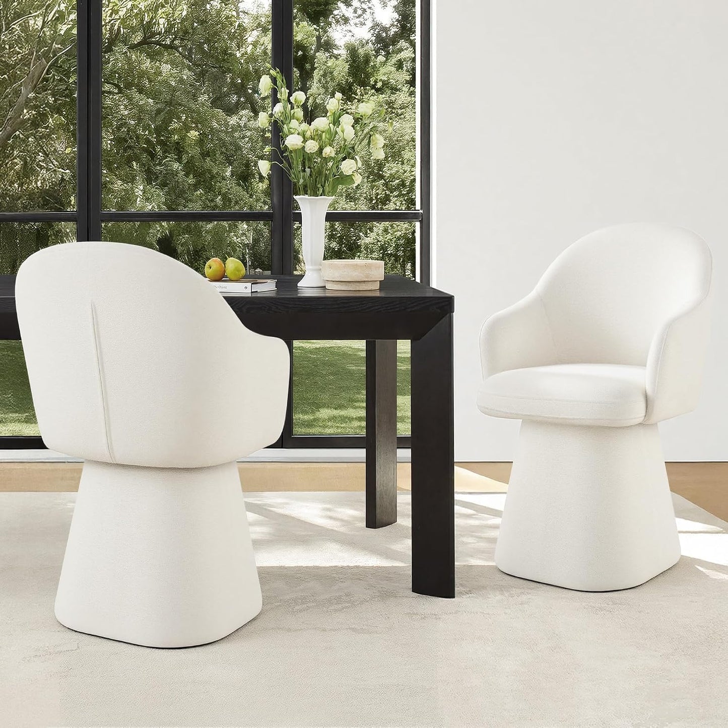 Swivel Dining Chairs Set of 2, Upholstered Modern Barrel Dining Chairs with 360° Swivel Base, Chenille Velvet Fabric Accent Kitchen Chairs with Arms, Padded Dining Room Chairs, Cream