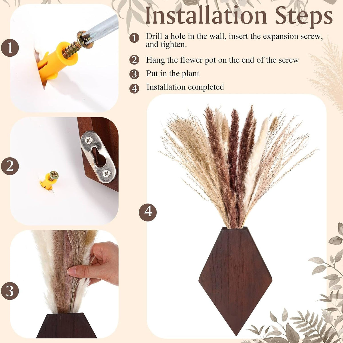 2 Pcs Bohemian Wooden Wall Planter Set with Pampas Grass Modern Farmhouse Wall Decor for Living Room, Bathroom, Bedroom, Office(Brown,Regular Style)