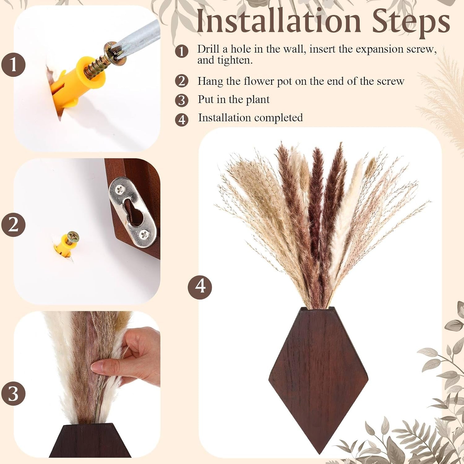 2 Pcs Bohemian Wooden Wall Planter Set with Pampas Grass Modern Farmhouse Wall Decor for Living Room, Bathroom, Bedroom, Office(Brown,Regular Style)