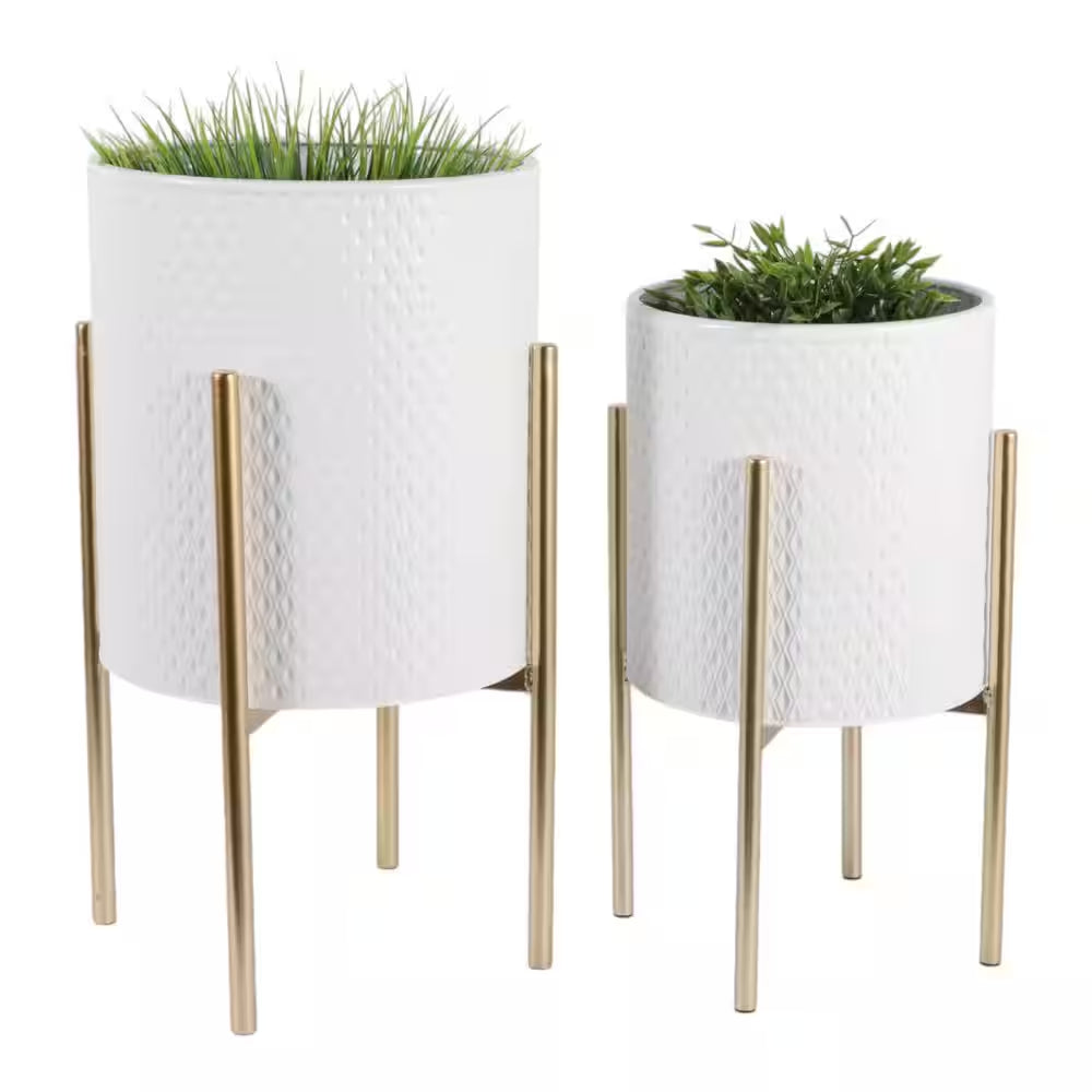 11 In. and 14 In. White Metal with Stand Planters (Set of 2)