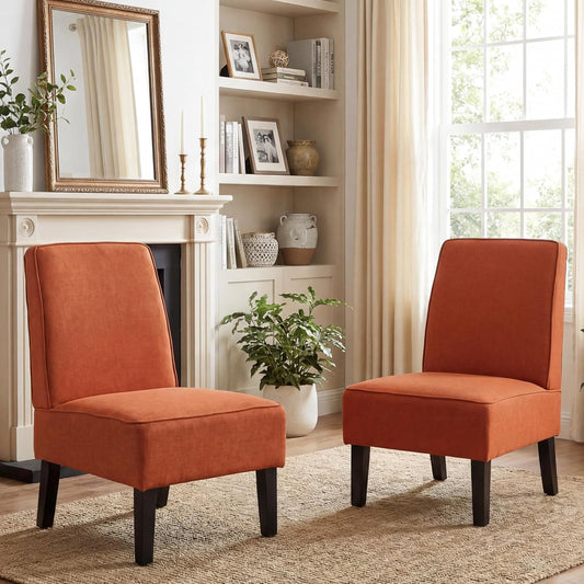 Accent Chairs Set of 2 Upholstered Living Room Chairs Armless Side Chairs Bedroom Chairs with Curved Backrest and Wooden Legs Orange