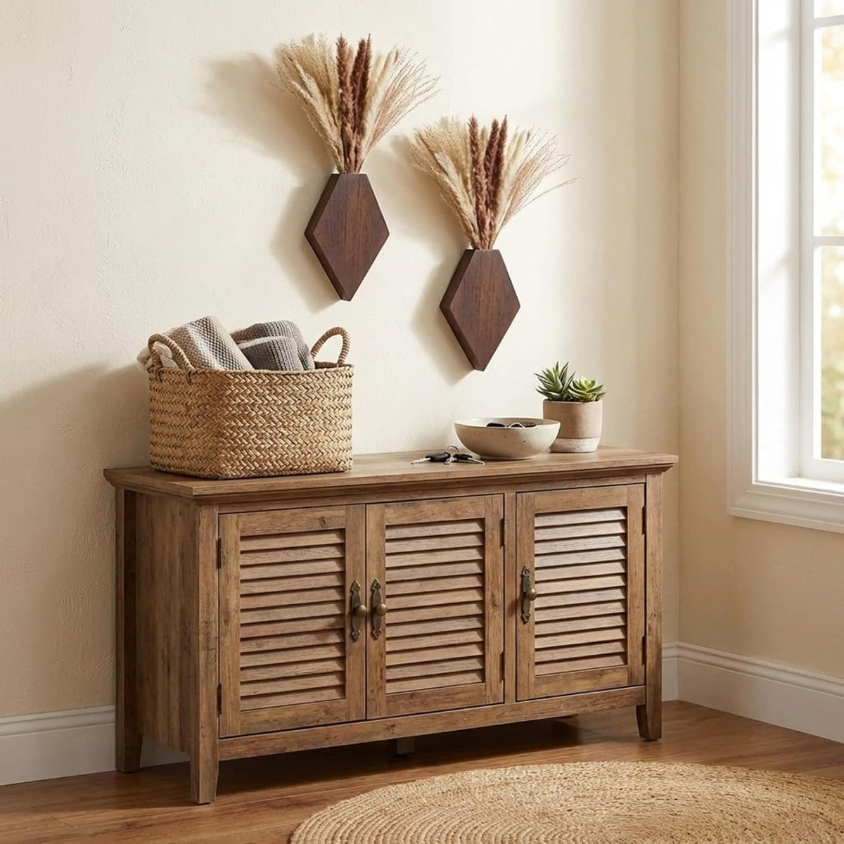 2 Pcs Bohemian Wooden Wall Planter Set with Pampas Grass Modern Farmhouse Wall Decor for Living Room, Bathroom, Bedroom, Office(Brown,Regular Style)