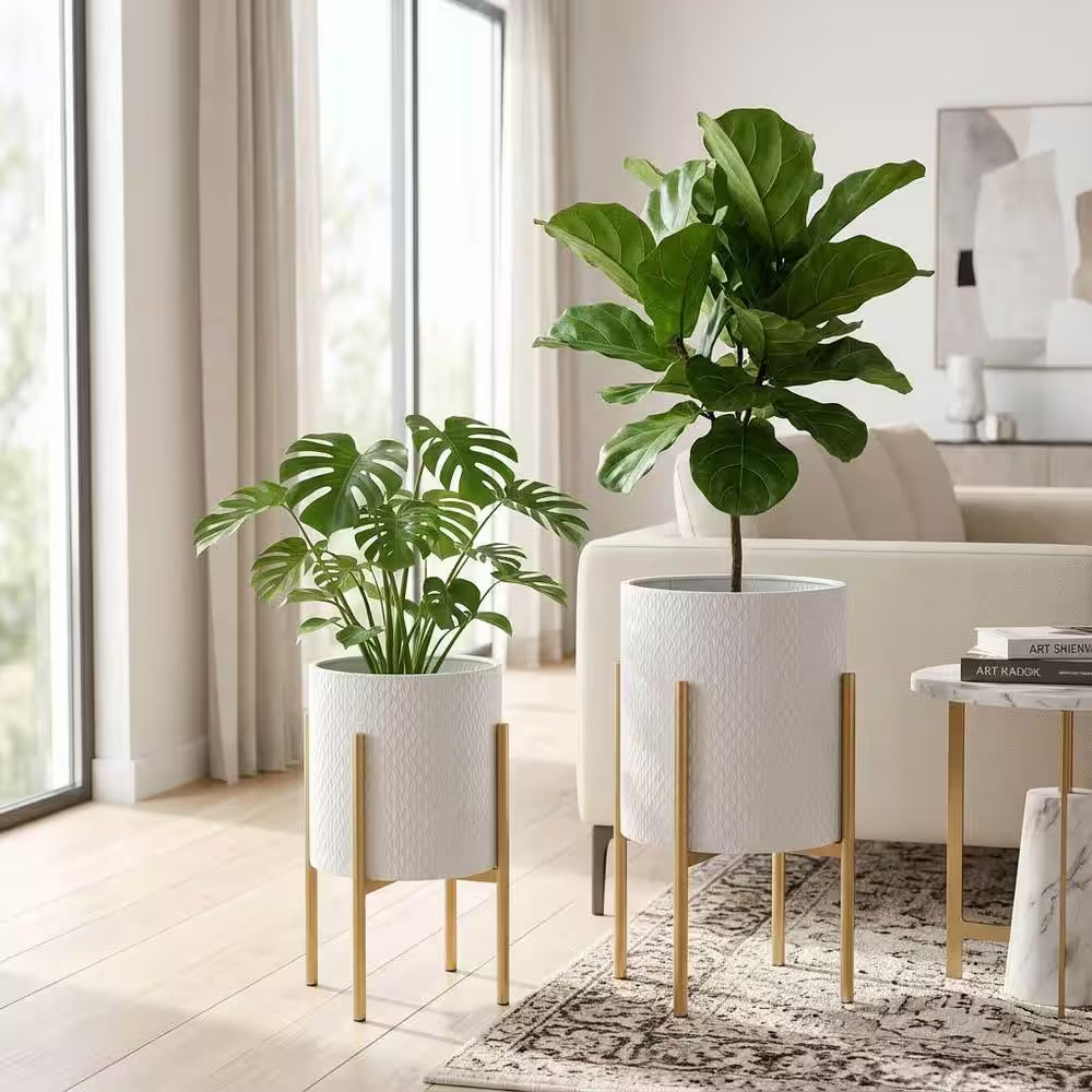 11 In. and 14 In. White Metal with Stand Planters (Set of 2)