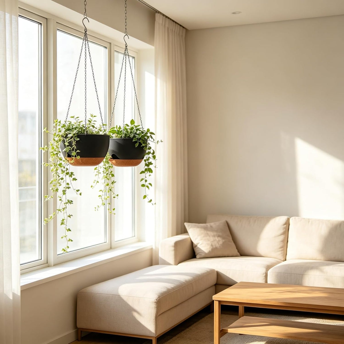 Set of 4-8 Inch Self Watering Hanging Planters for Indoor Outdoor，Hanging Plant Pots with Drainage & Removable Tray, Hanging Pots Holder for Ivy, Pothos, Ferns, Balcony & Patio, Black Brown
