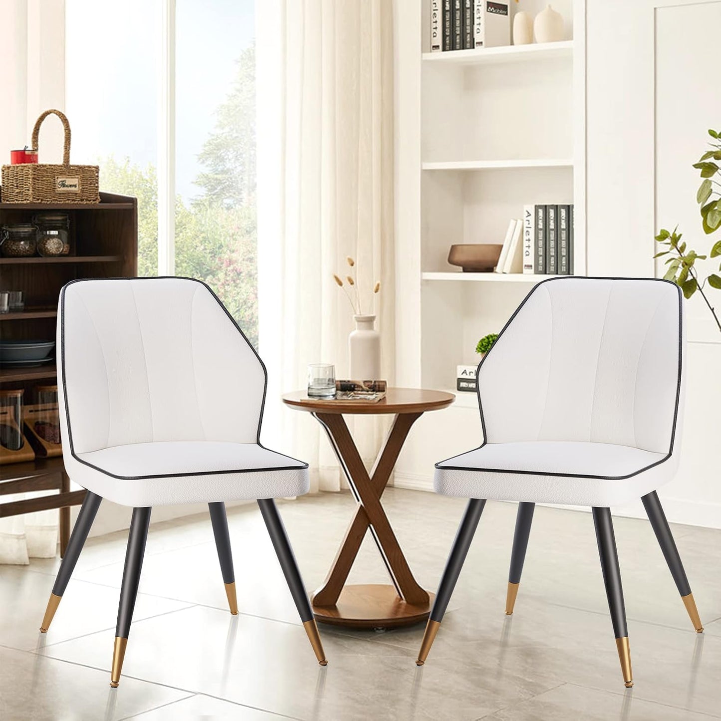 White Faux Leather Dining Chairs Set of 2, Modern Upholstered Accent Kitchen Dining Room Chairs Armless Side Chairs with Metal Legs