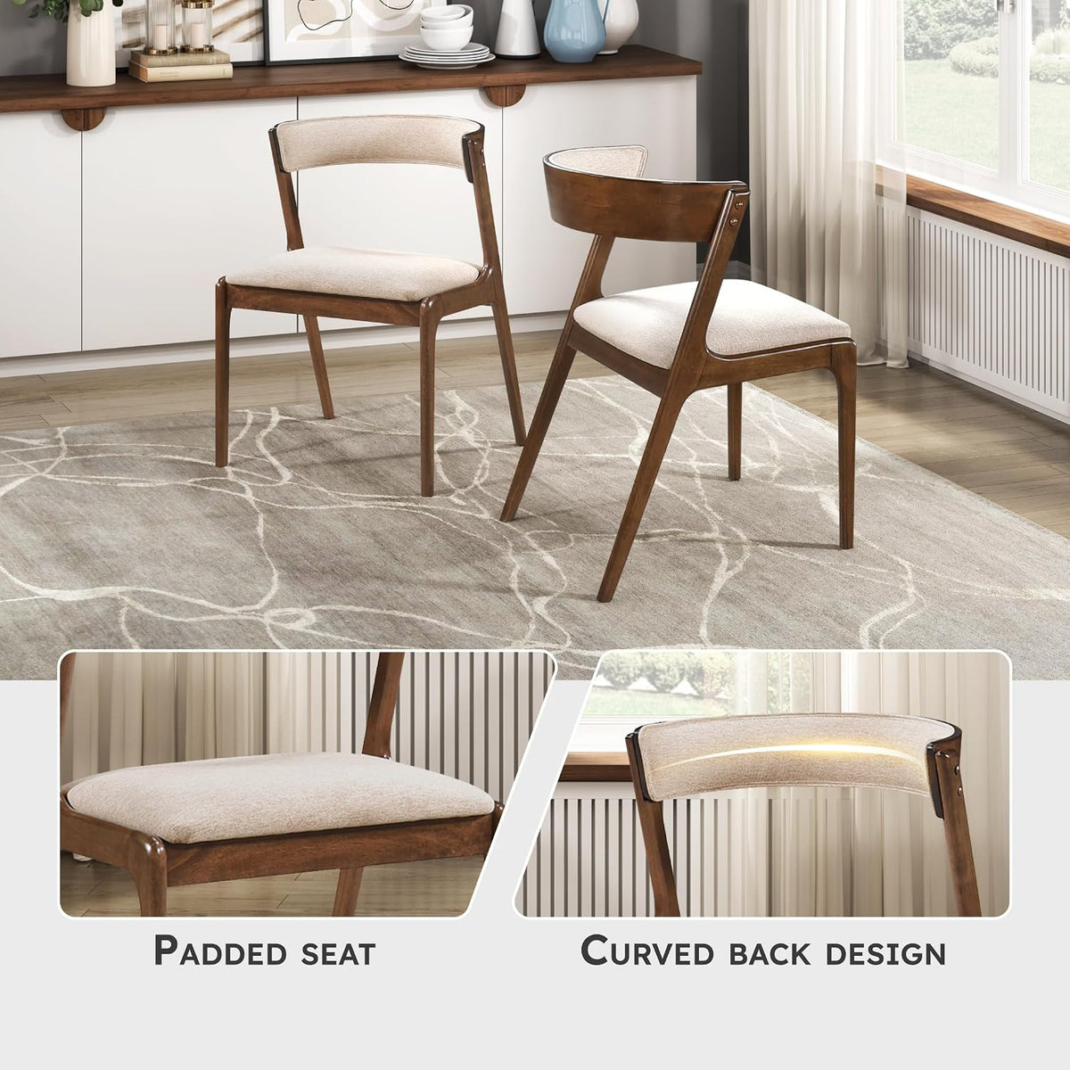 Kitchen & Dining Room Chairs, Dining Chairs Set of 2, Fabric Upholstered Dining Chairs, Rubberwood Armless Dining Chairs with Curved Back, Modern Dining Chair, Easy Assembly, Walnut