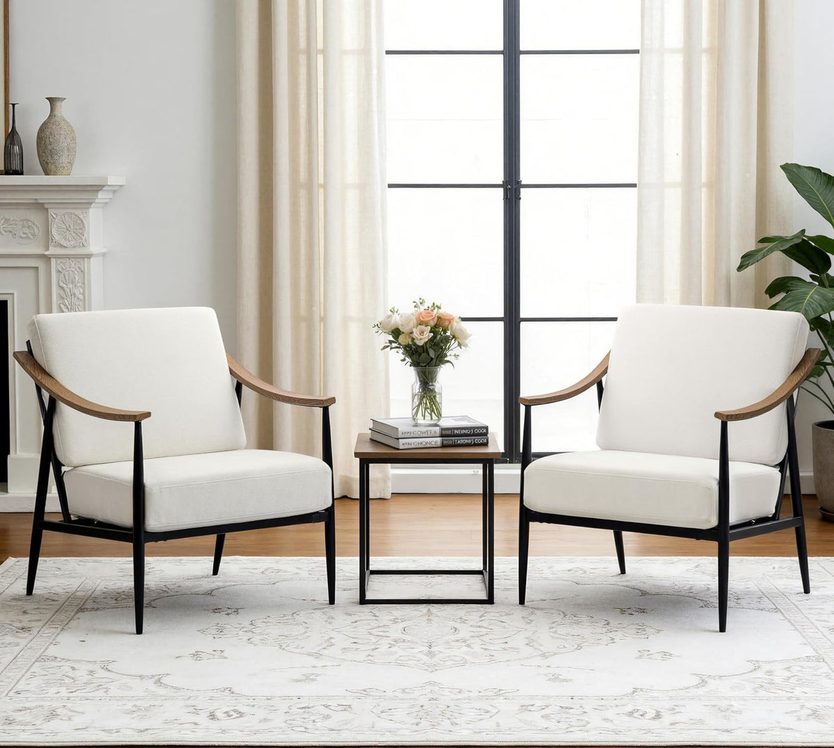 Modern Accent Chairs Set of 2 for Living Room Bedroom Mid Century Arm Chairs Upholstered Office Accent Chairs Comfy Waiting Room Chairs with Metal Frame, Cream White