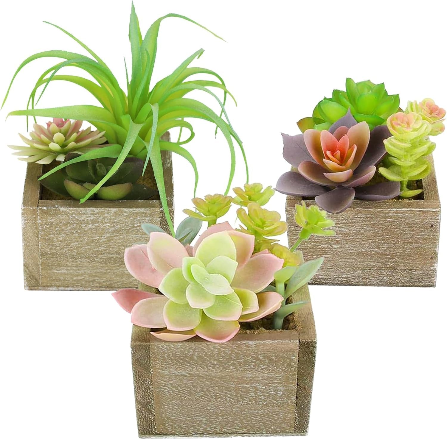 Artificial Succulents Indoor, Set of 3 Mini Potted Greenery in Rustic Wood Planters, Tabletop Accent for Office, Bathroom Shelf, Home Decor
