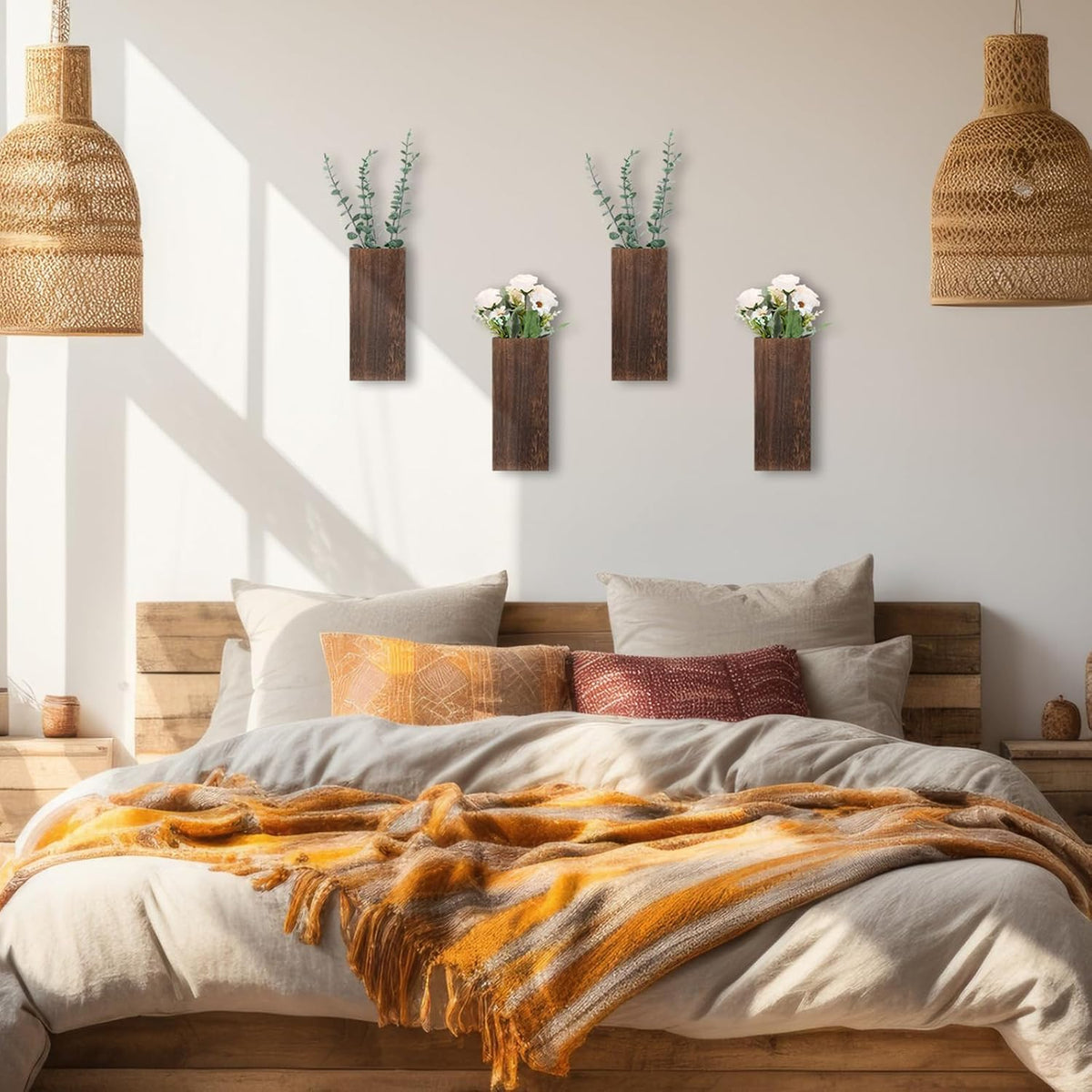 4 Pack Wood Wall Planter for Dried Flowers and Artificial Greenery Indoor Plants Holder, Wood Wall Decor Wooden Pocket Vase Modern Farmhouse Hanging Flowers for Living Room Bedroom Home