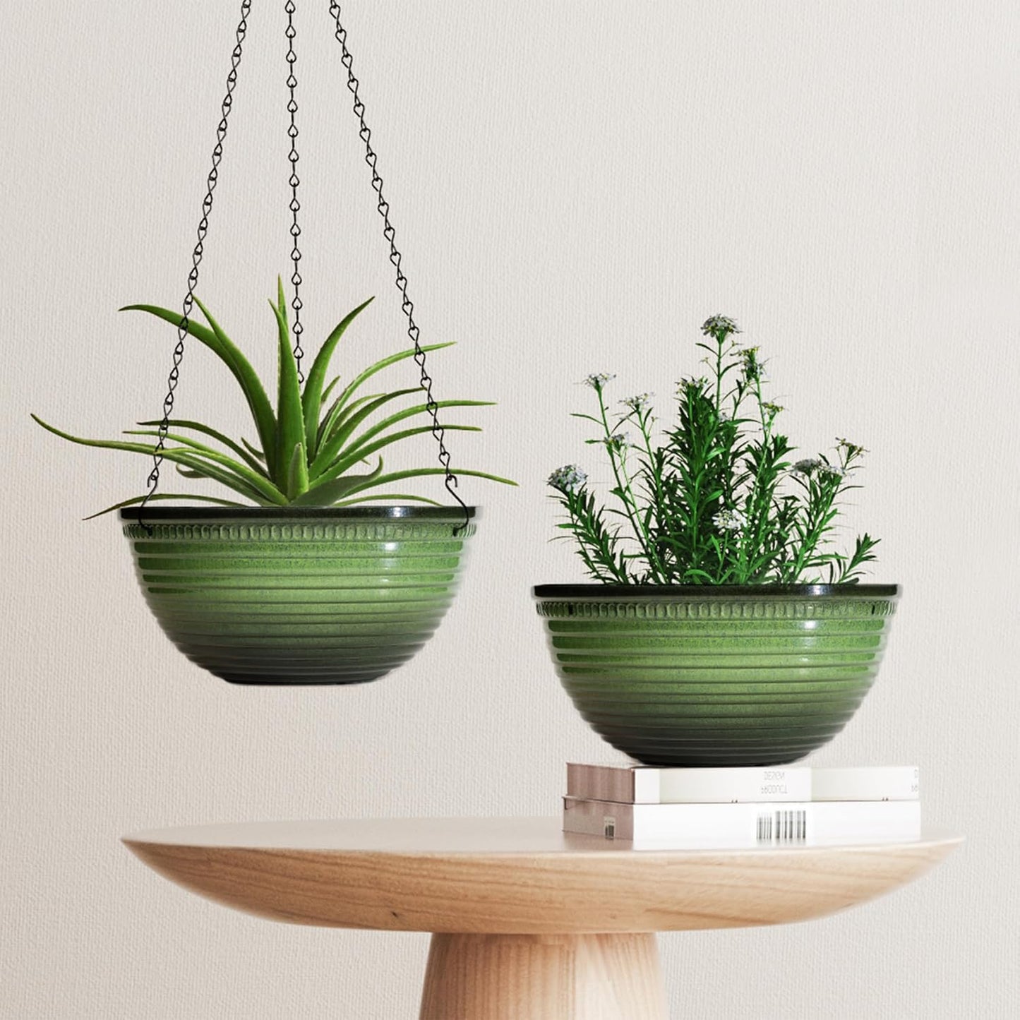 12 Inch Hanging Planters for Indoor Outdoor Plants, 2 Pack Large Hanging Flower Pots with Drainage Holes and Chain, Glazed Hanging Baskets for Home Garden Decoration, Green