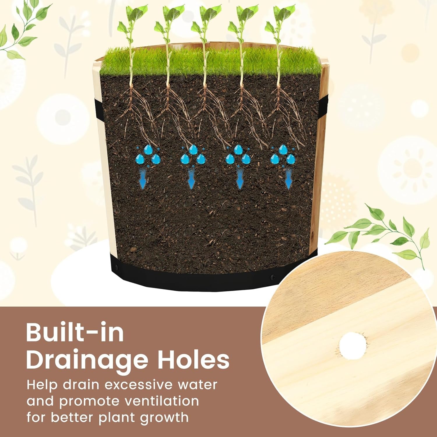 Wooden Plant Pots, 3 Solid Acacia Wood Whiskey Barrel Planters W/Drainage Holes for Flower Herb Shrub, Multi Sizes Indoor Outdoor Patio Planting Flower Pots Home Decoration