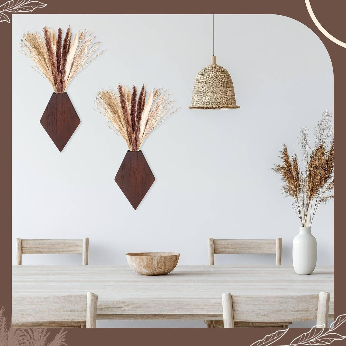 2 Pcs Bohemian Wooden Wall Planter Set with Pampas Grass Modern Farmhouse Wall Decor for Living Room, Bathroom, Bedroom, Office(Brown,Regular Style)