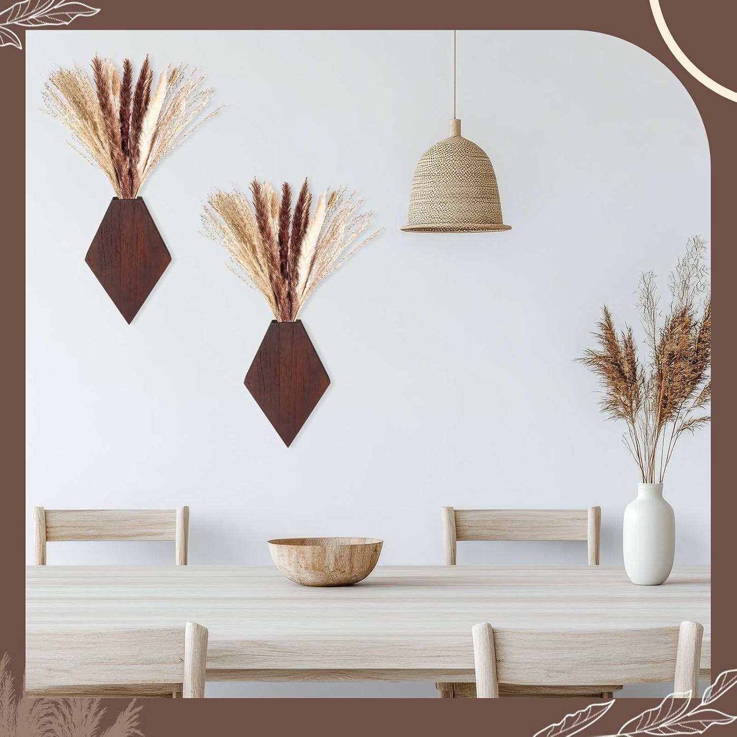 2 Pcs Bohemian Wooden Wall Planter Set with Pampas Grass Modern Farmhouse Wall Decor for Living Room, Bathroom, Bedroom, Office(Brown,Regular Style)