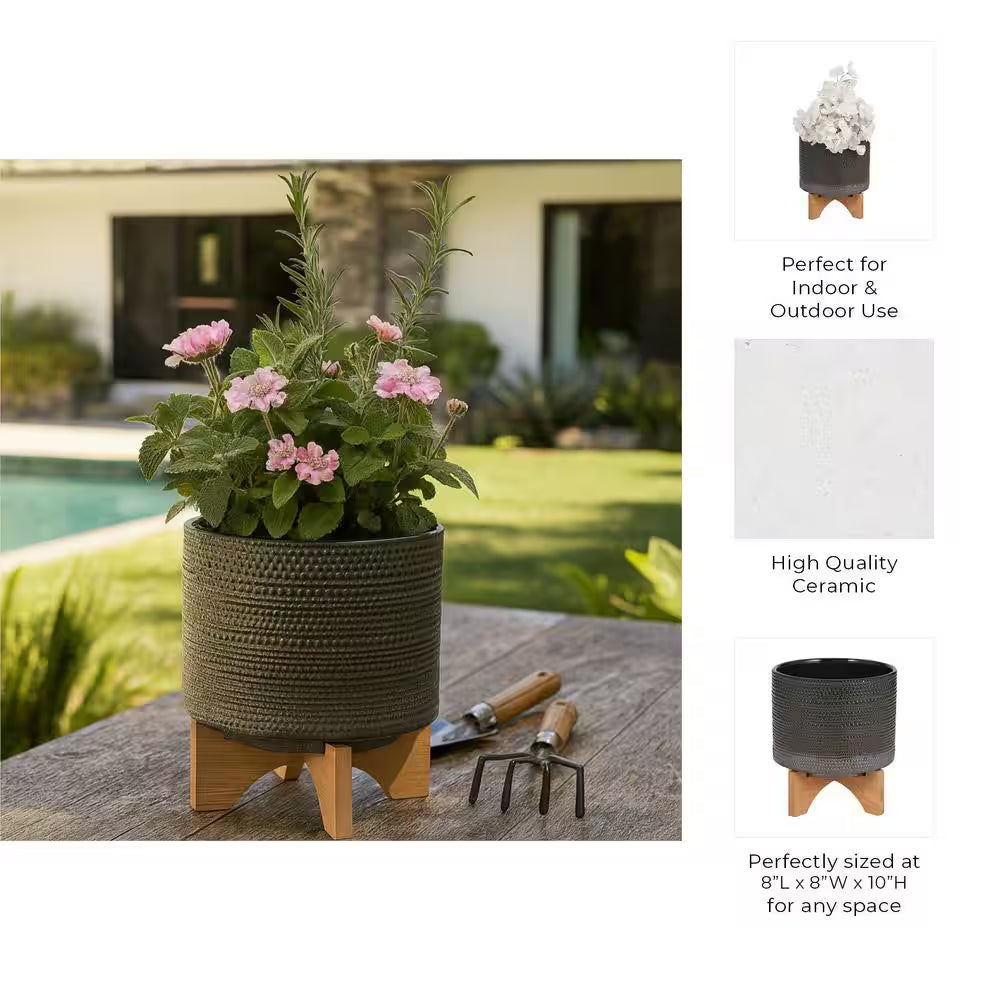 8 In. W X 10 In. Green Ceramic Dotted Decorative Pot on Wooden Stand
