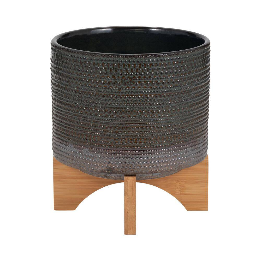 8 In. W X 10 In. Green Ceramic Dotted Decorative Pot on Wooden Stand