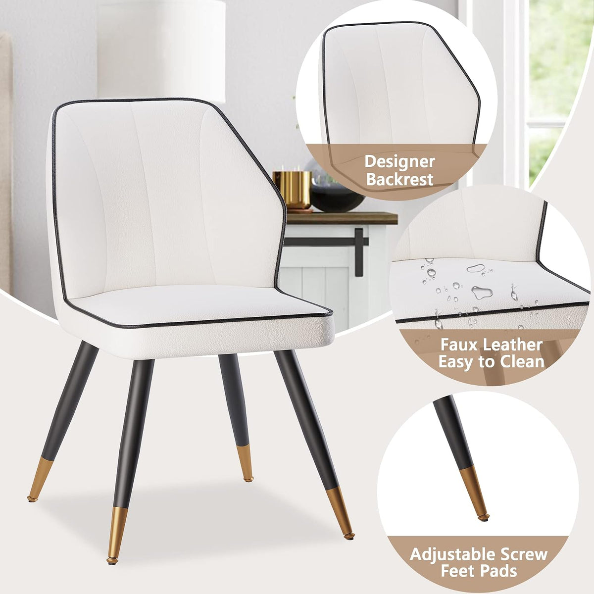 White Faux Leather Dining Chairs Set of 2, Modern Upholstered Accent Kitchen Dining Room Chairs Armless Side Chairs with Metal Legs