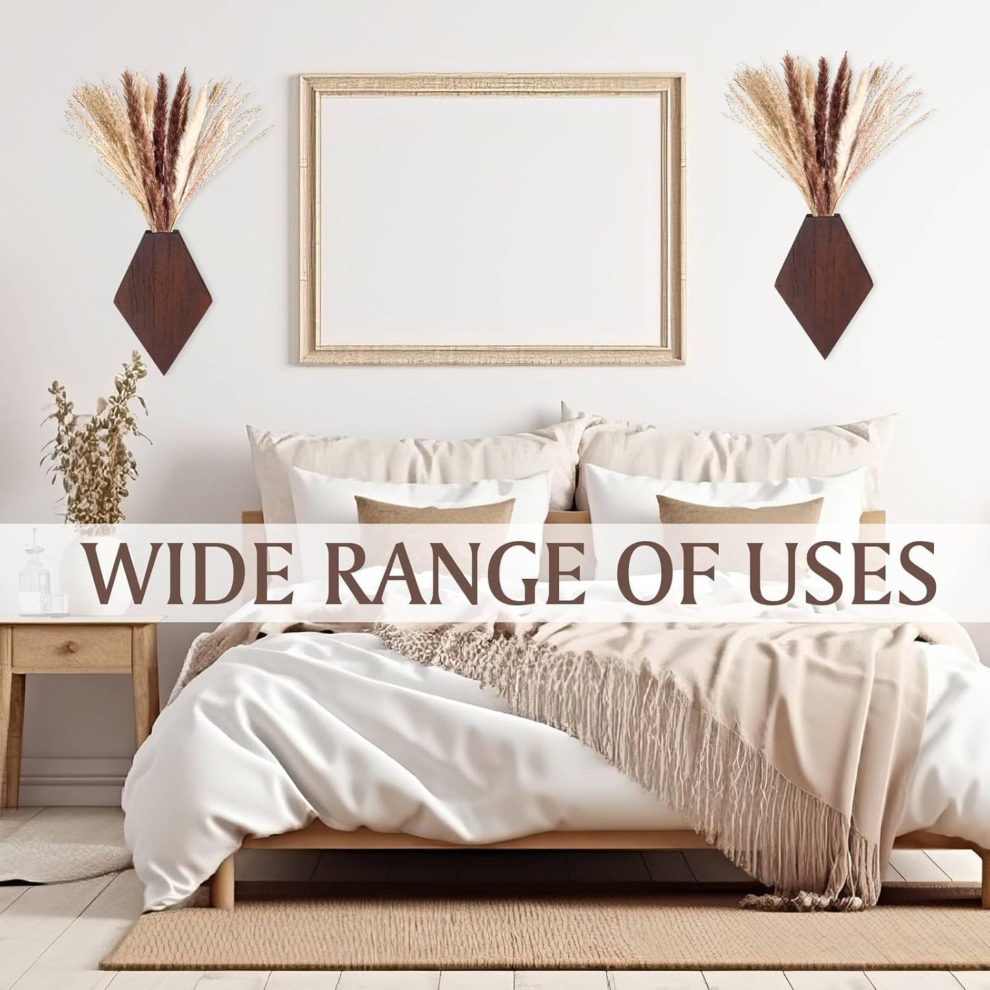 2 Pcs Bohemian Wooden Wall Planter Set with Pampas Grass Modern Farmhouse Wall Decor for Living Room, Bathroom, Bedroom, Office(Brown,Regular Style)