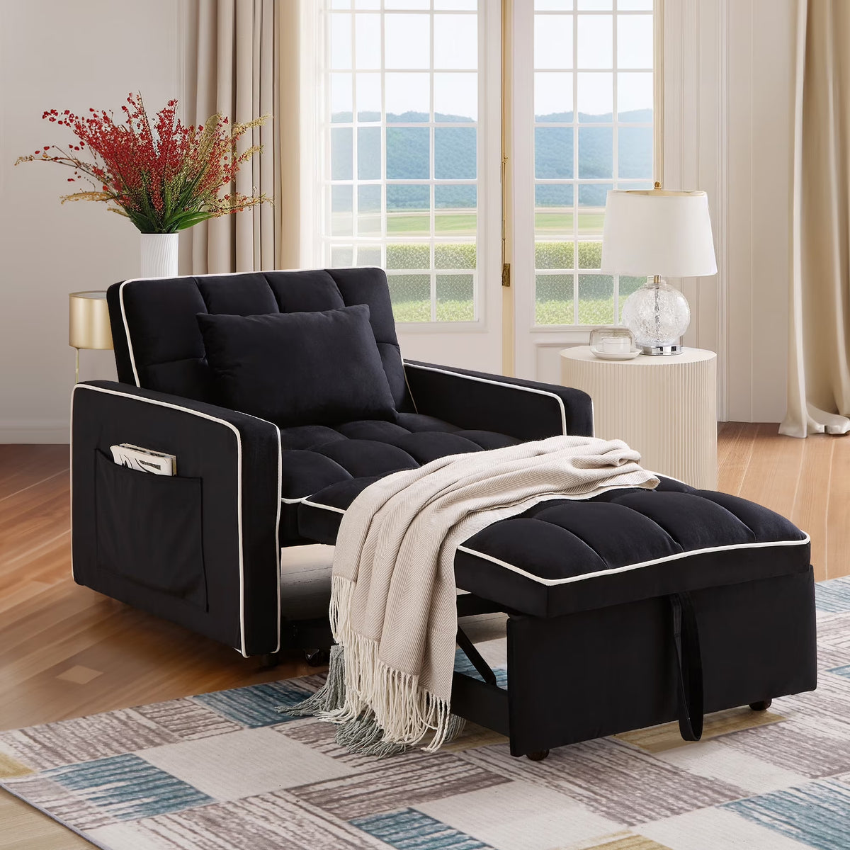 3-In-1 Convertible Chair Bed, Sleeper Chair Lounge Chair Indoor, Modern Single Pull Out Couch for Living Room, Black Velvet