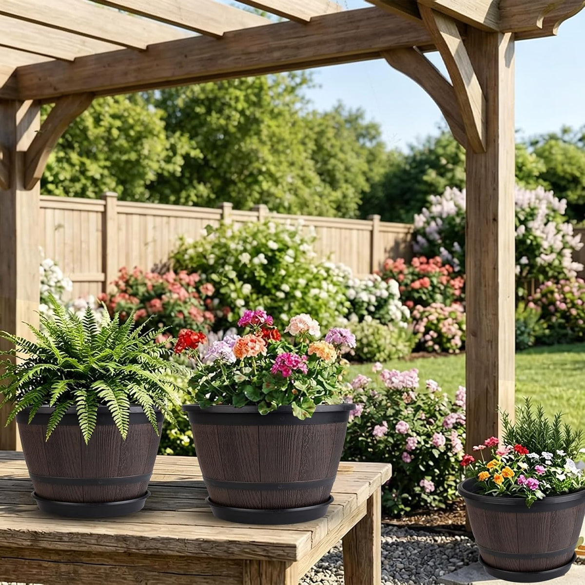 16-Inch-Large-Pots-For-Plant-Outdoor, 4 Pack Plastic Whiskey Barrel Planters Plant Pots with Drainage Hole & Saucer, Decorative Indoor Flower Pot for House Garden Porch