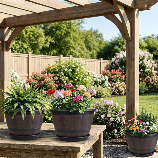 16-Inch-Large-Pots-For-Plant-Outdoor, 4 Pack Plastic Whiskey Barrel Planters Plant Pots with Drainage Hole & Saucer, Decorative Indoor Flower Pot for House Garden Porch