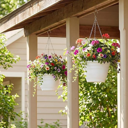 10 Pack 11 Inch Plastic Hanging Planter Bulk White Hanging Baskets for Plants with Drainage Trays Self Watering Plant Pot Outdoor Indoor Planter for Garden, Balcony, Porch, Patio Decor