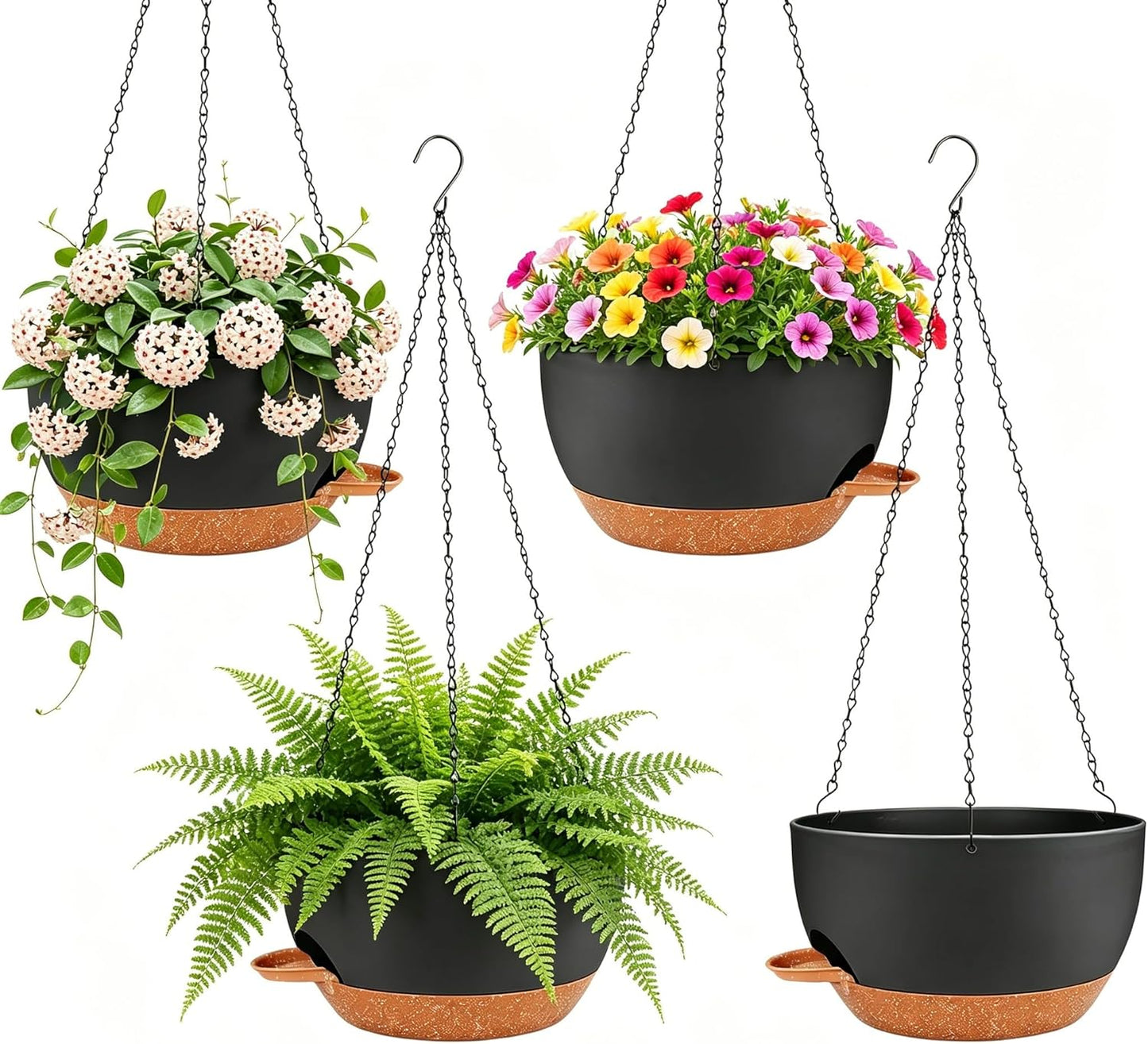 Set of 4-8 Inch Self Watering Hanging Planters for Indoor Outdoor，Hanging Plant Pots with Drainage & Removable Tray, Hanging Pots Holder for Ivy, Pothos, Ferns, Balcony & Patio, Black Brown