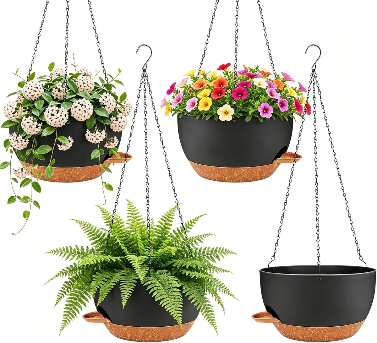 Set of 4-8 Inch Self Watering Hanging Planters for Indoor Outdoor，Hanging Plant Pots with Drainage & Removable Tray, Hanging Pots Holder for Ivy, Pothos, Ferns, Balcony & Patio, Black Brown