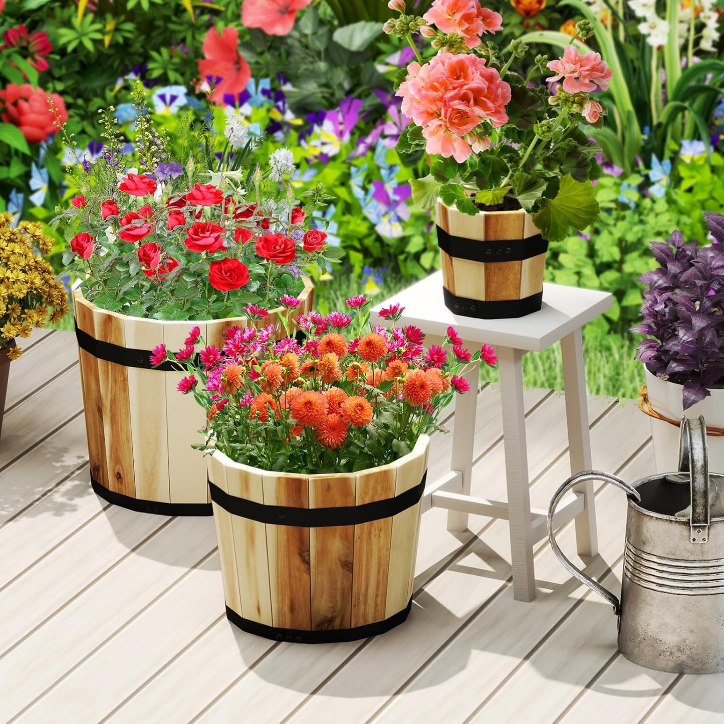 Wooden Plant Pots, 3 Solid Acacia Wood Whiskey Barrel Planters W/Drainage Holes for Flower Herb Shrub, Multi Sizes Indoor Outdoor Patio Planting Flower Pots Home Decoration