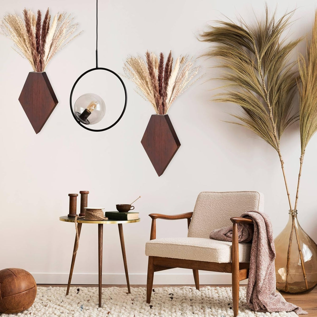 2 Pcs Bohemian Wooden Wall Planter Set with Pampas Grass Modern Farmhouse Wall Decor for Living Room, Bathroom, Bedroom, Office(Brown,Regular Style)