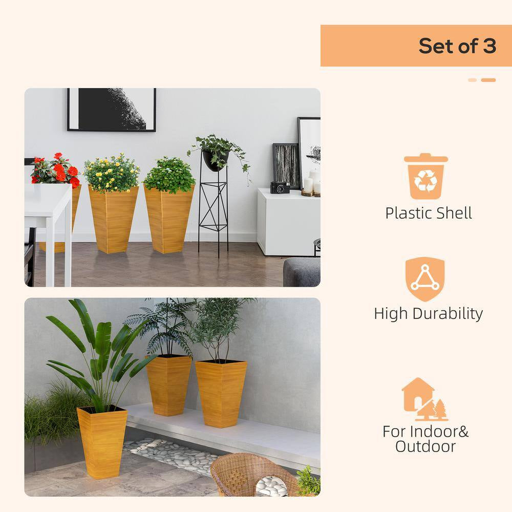 28 In. Tan Faux Wood Plastic Outdoor Planters, Large Taper Planters W/ Drainage Holes Plug for Garden, Patio, (Set of 3)