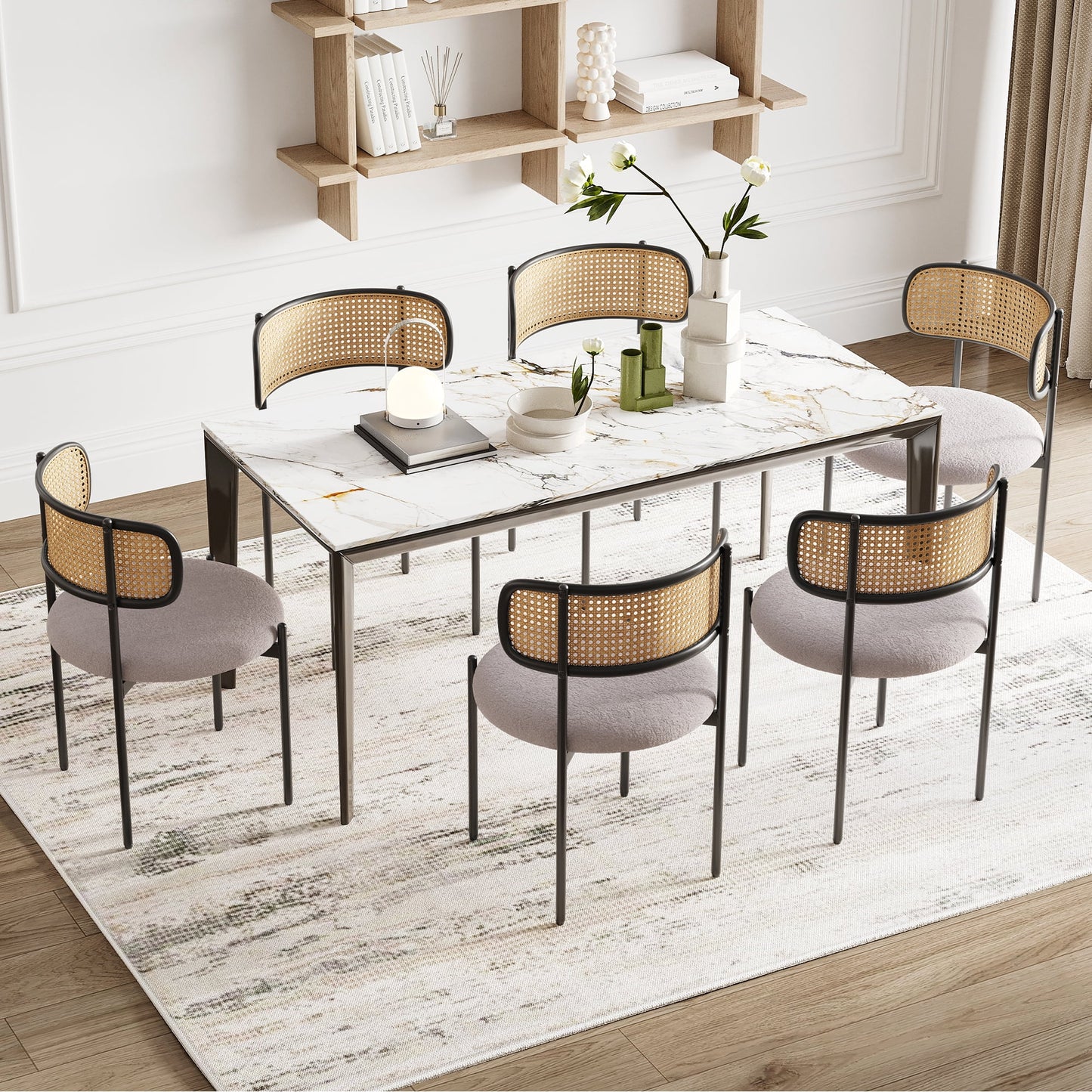 Dining Chairs Modern Upholstered Dining Chairs Set of 2,Rattan Back Dining Room Chairs,Accent Kitchen Chairs with Metal Legs,Dining Room Seating