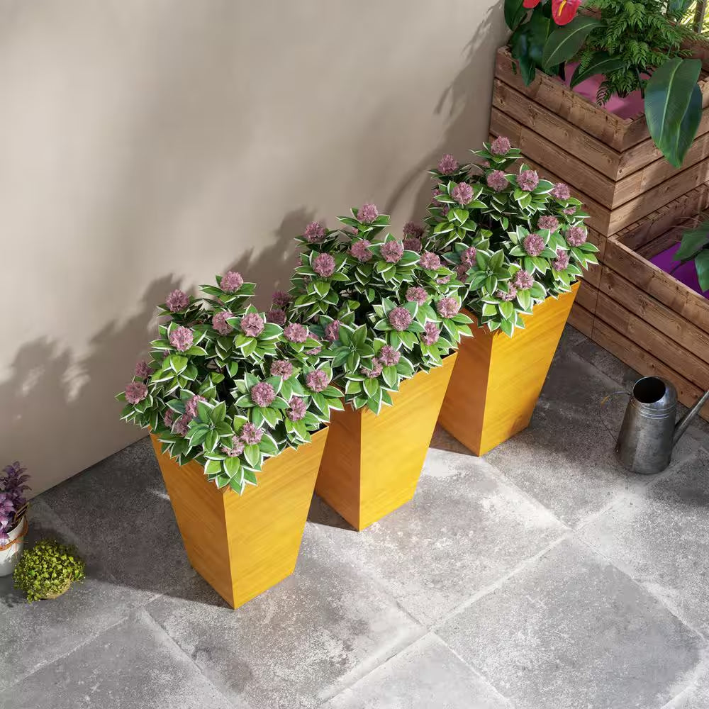 28 In. Tan Faux Wood Plastic Outdoor Planters, Large Taper Planters W/ Drainage Holes Plug for Garden, Patio, (Set of 3)
