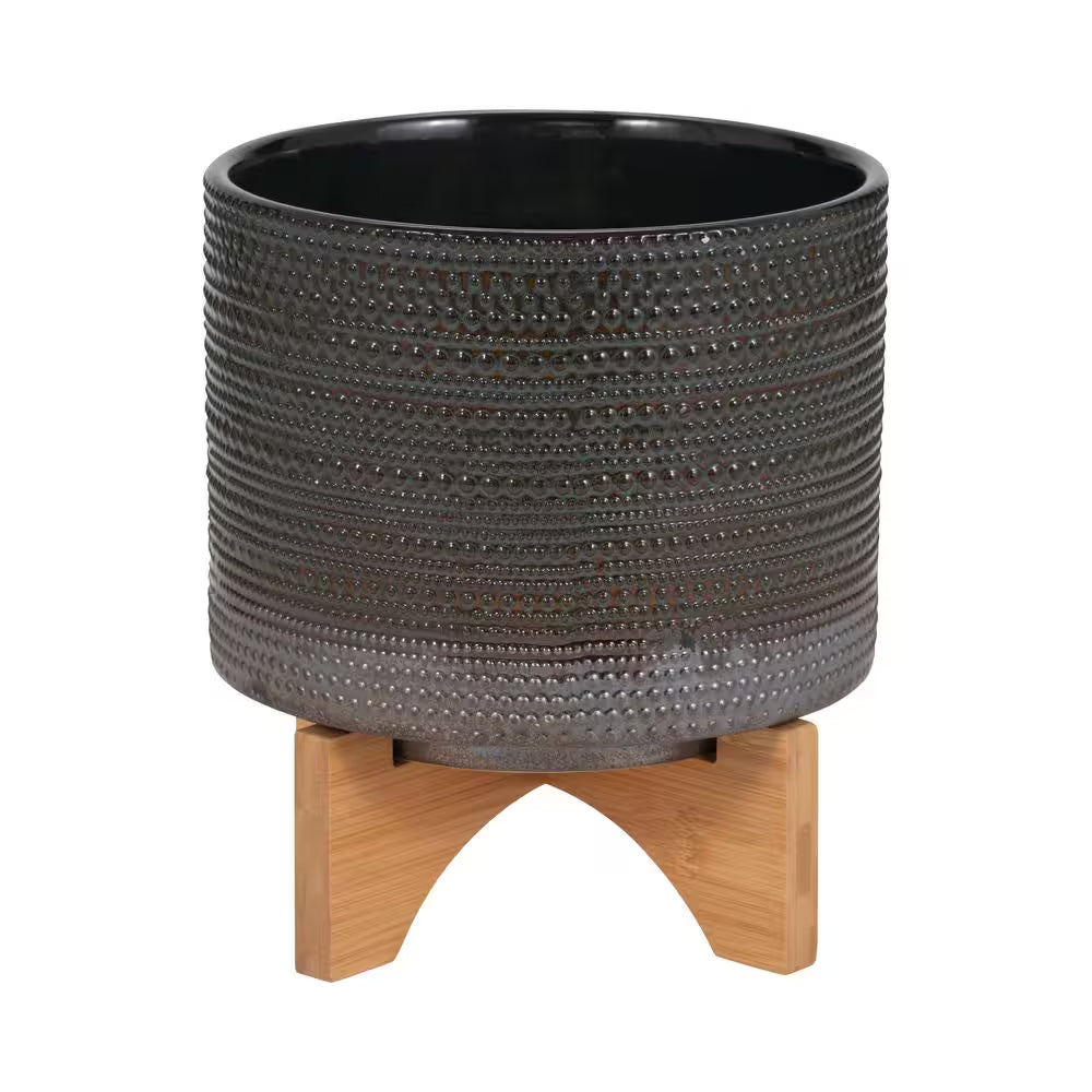 8 In. W X 10 In. Green Ceramic Dotted Decorative Pot on Wooden Stand