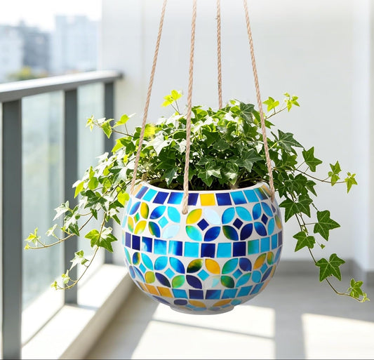 Ceramic Hanging Planter, Small Blue Flower Plant Pot Indoor Decor | Artisan-Made Mosaic Design, with Drainage Hole, Decorative Boho Style for Garden Decor, Suitable for Indoor Outdoor Plants