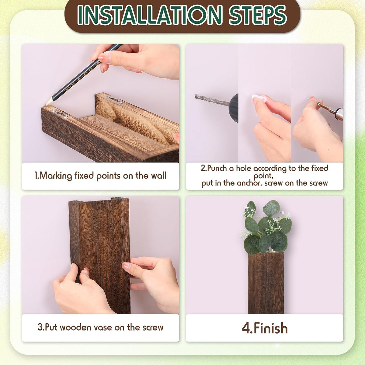 4 Pack Wood Wall Planter for Dried Flowers and Artificial Greenery Indoor Plants Holder, Wood Wall Decor Wooden Pocket Vase Modern Farmhouse Hanging Flowers for Living Room Bedroom Home