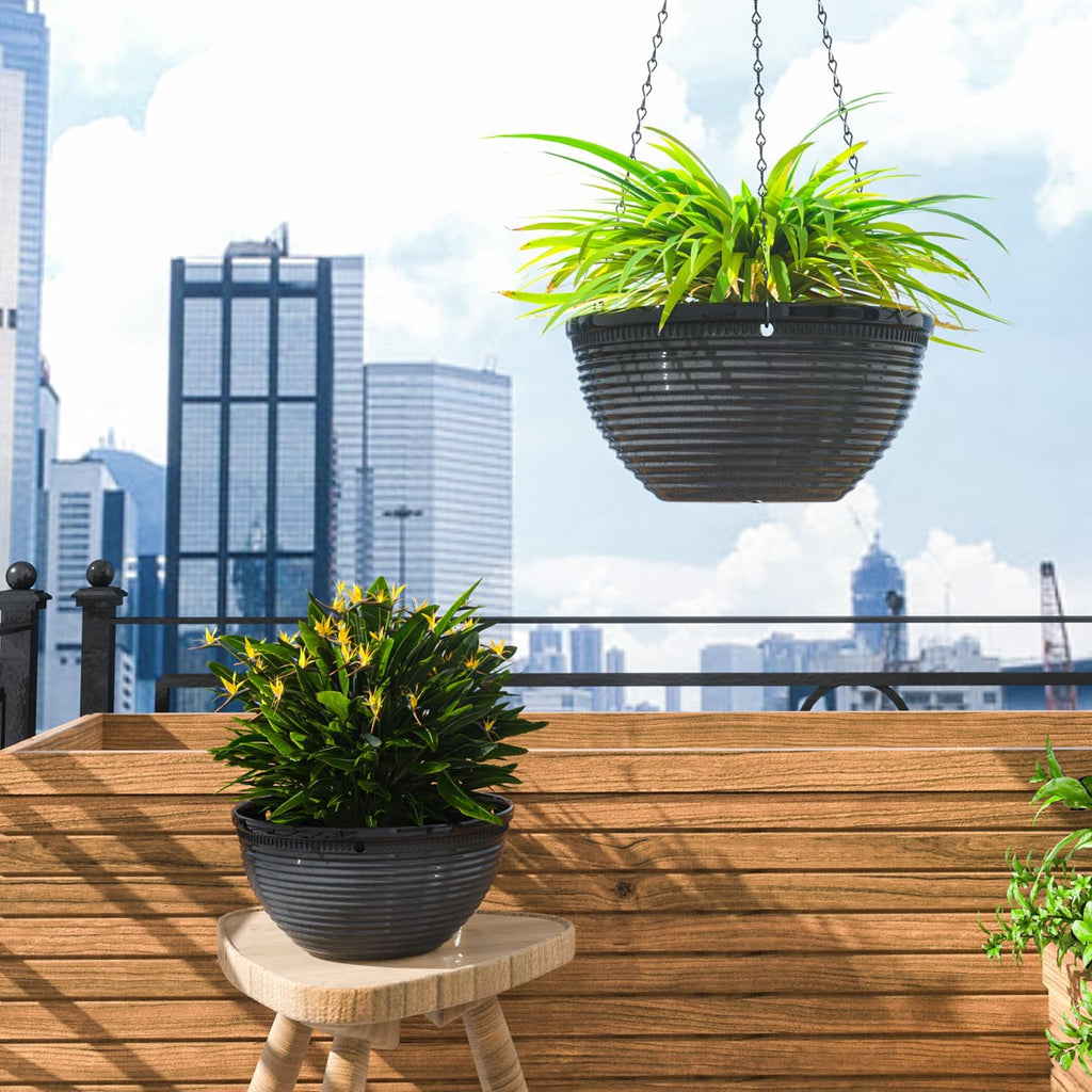 2 Pack Hanging Planters for Indoor Outdoor Plants, 10 Inch Hanging Planter with Drainage Hole & Plug Glazed Hanging Baskets Flower Pots for Garden Home (Black)