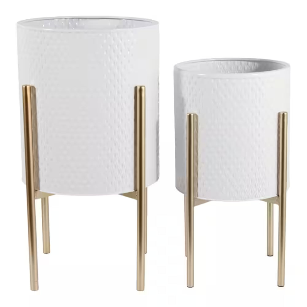 11 In. and 14 In. White Metal with Stand Planters (Set of 2)