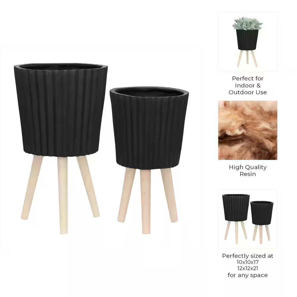 10 In. and 12 In. Black Resin Ridged Decorative Planter with Wood Legs (2-Pack)