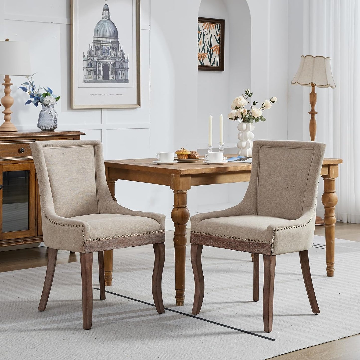 Beige Dining Chairs Set of 2, Fabric Upholstered Kitchen Chairs | High Back; Nailhead Trim; Solid Wood Legs; Farmhouse Style; Heavy Duty Dining Chairs 400 Lb Capacity;Easy Assembly;Modern