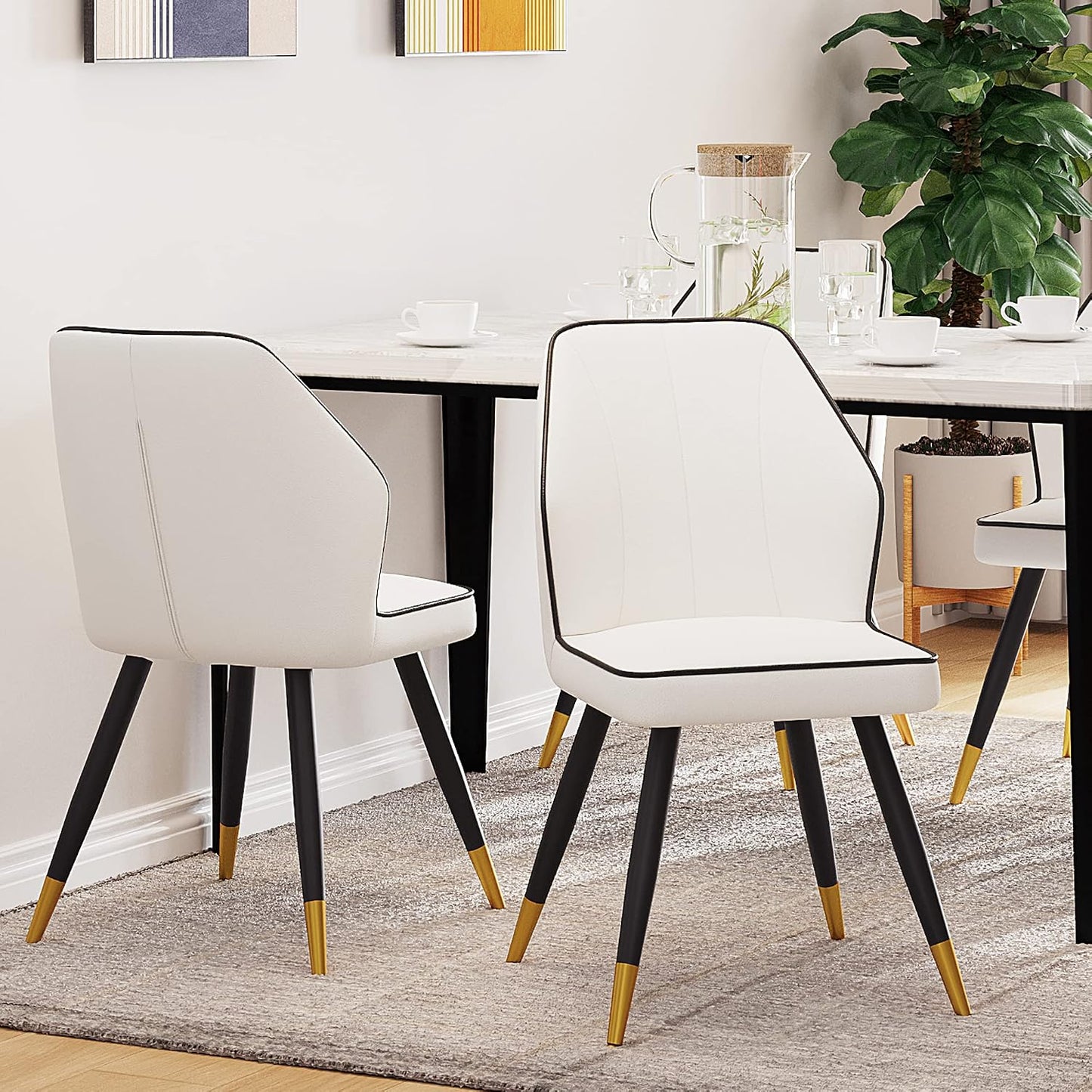 White Faux Leather Dining Chairs Set of 2, Modern Upholstered Accent Kitchen Dining Room Chairs Armless Side Chairs with Metal Legs
