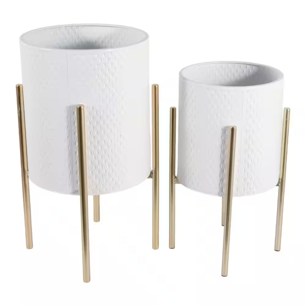 11 In. and 14 In. White Metal with Stand Planters (Set of 2)