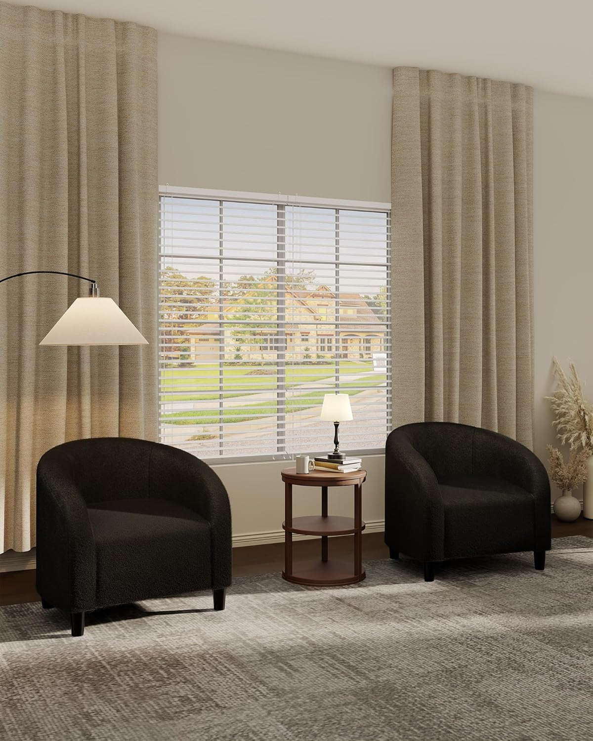 Accent Chair Living Room Chairs Barrel Boucle Chairs Comfy Armchairs for Bedroom Reading Room Reception Chairs(Black)
