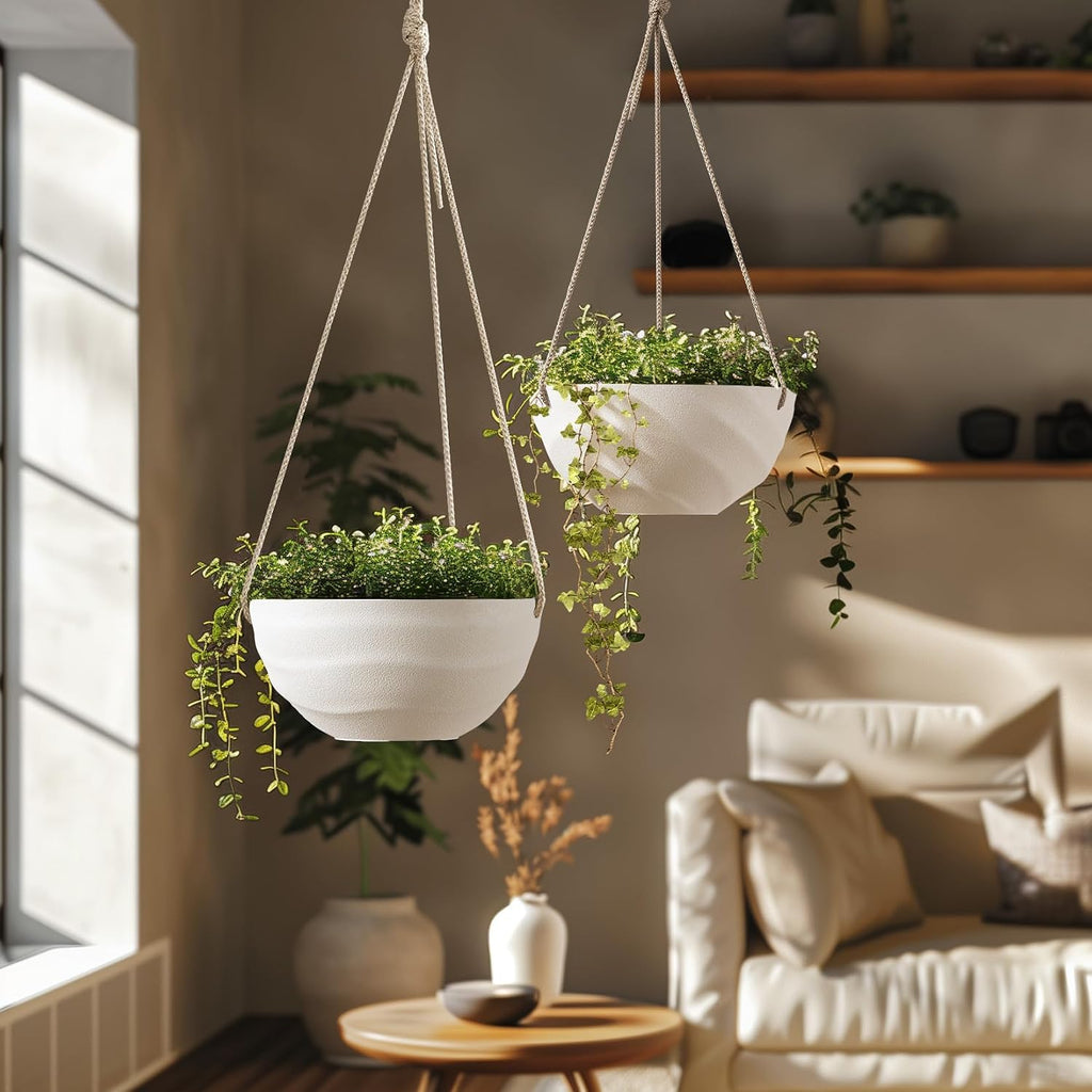 10 Inch Hanging Planters for Indoor Plants, Outdoor Garden Planter Pots with Self-Watering Tray, Eggshell White, Set of 2