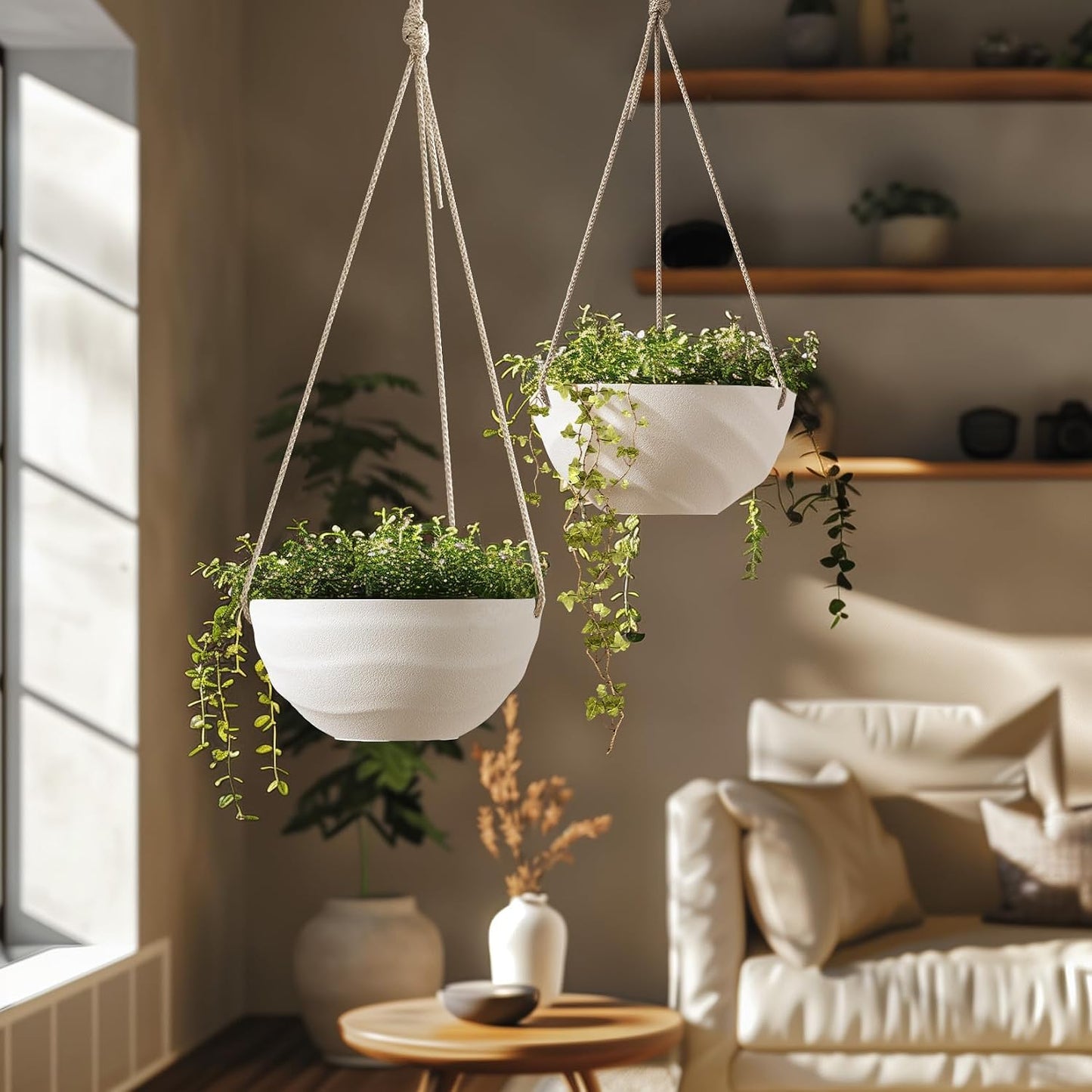 10 Inch Hanging Planters for Indoor Plants, Outdoor Garden Planter Pots with Self-Watering Tray, Eggshell White, Set of 2