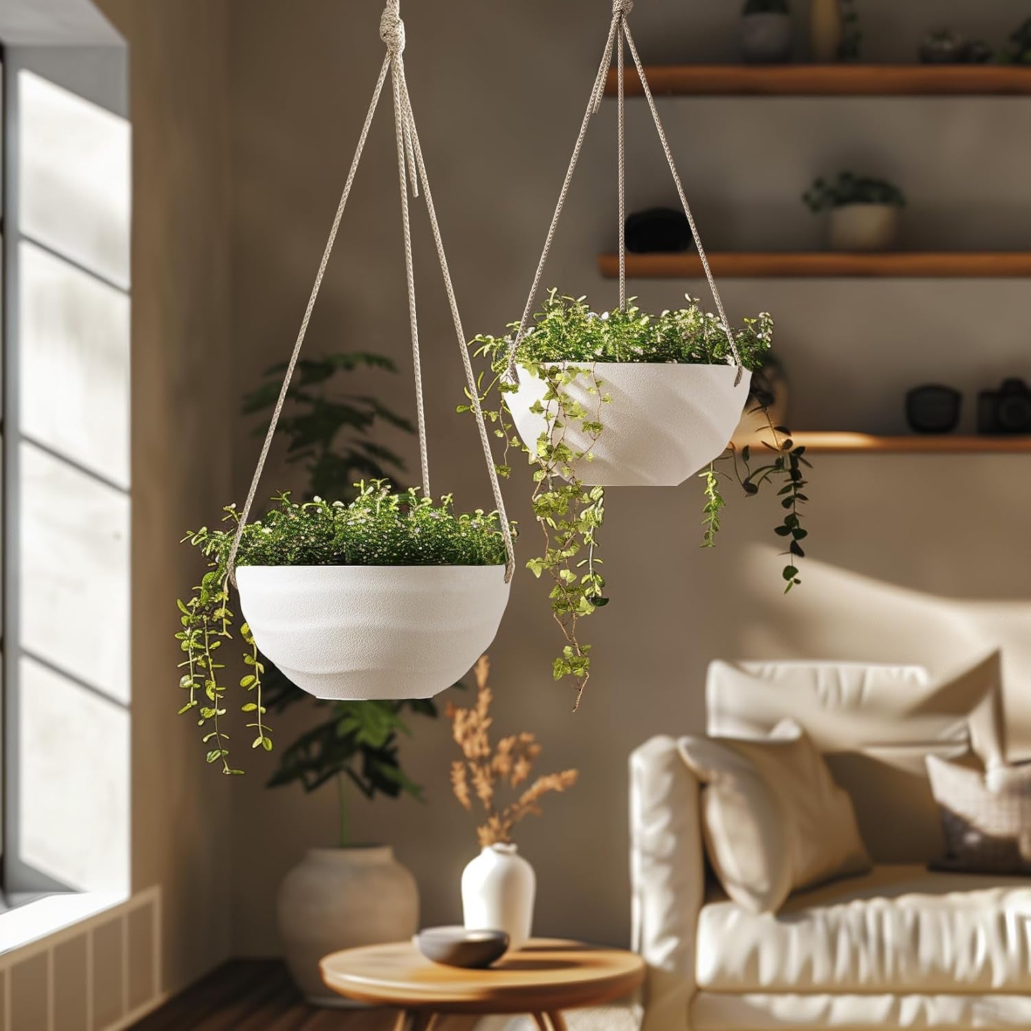 10 Inch Hanging Planters for Indoor Plants, Outdoor Garden Planter Pots with Self-Watering Tray, Eggshell White, Set of 2