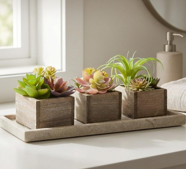 Artificial Succulents Indoor, Set of 3 Mini Potted Greenery in Rustic Wood Planters, Tabletop Accent for Office, Bathroom Shelf, Home Decor