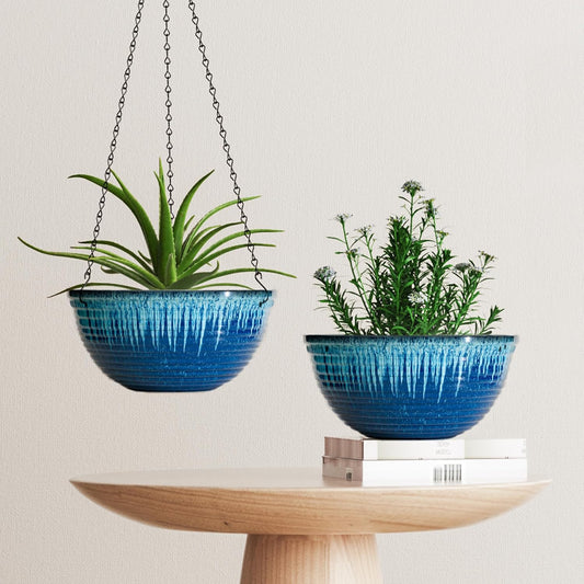 12 Inch Hanging Planters for Indoor Outdoor Plants, 2 Pack Large Hanging Flower Pots with Drainage Holes and Chain, Glazed Hanging Baskets for Home Garden Decoration (Blue Flow Glaze)