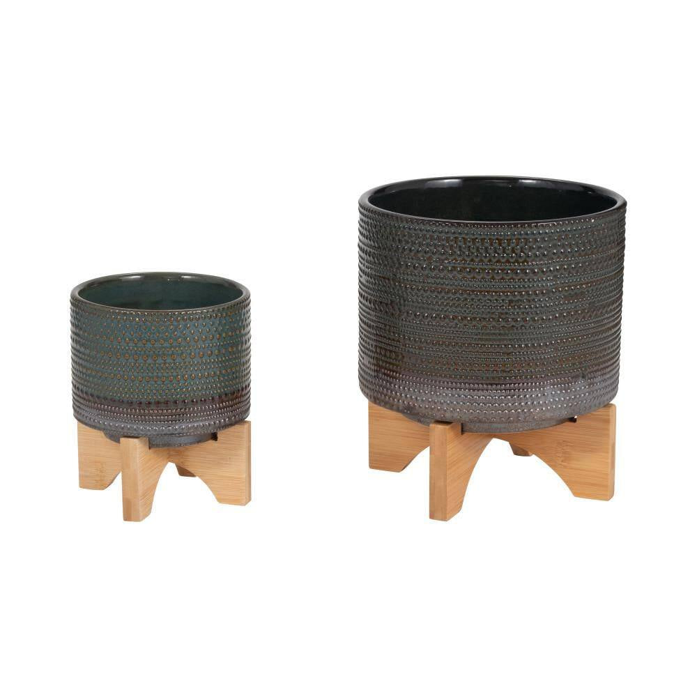 8 In. W X 10 In. Green Ceramic Dotted Decorative Pot on Wooden Stand