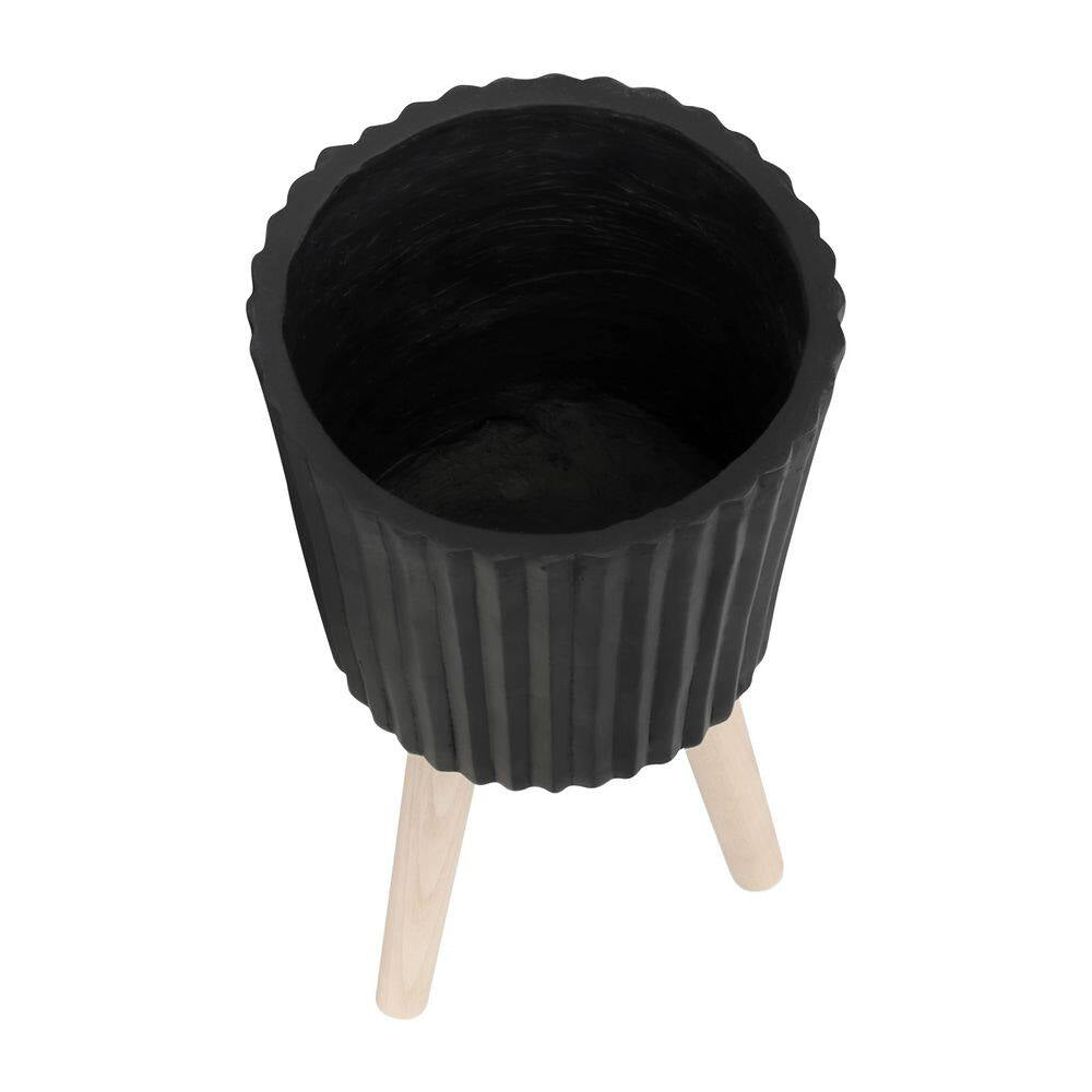 10 In. and 12 In. Black Resin Ridged Decorative Planter with Wood Legs (2-Pack)