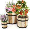 Wooden Plant Pots, 3 Solid Acacia Wood Whiskey Barrel Planters W/Drainage Holes for Flower Herb Shrub, Multi Sizes Indoor Outdoor Patio Planting Flower Pots Home Decoration